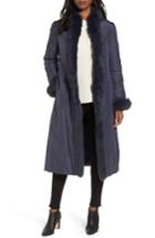 Women's George Simonton Couture Packable Silk Coat With Genuine Fox Fur & Genuine Rabbit Fur - Blue