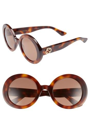 Women's Gucci 52mm Round Sunglasses - Havana