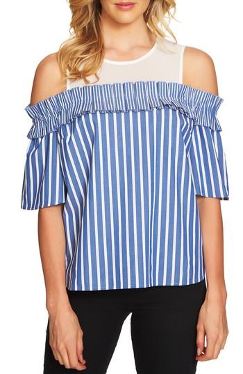 Women's Cece Chiffon Yoke Cold Shoulder Stripe Top - Blue