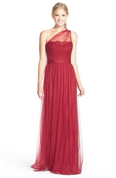 Women's Amsale One-shoulder Lace & Tulle Gown - Red