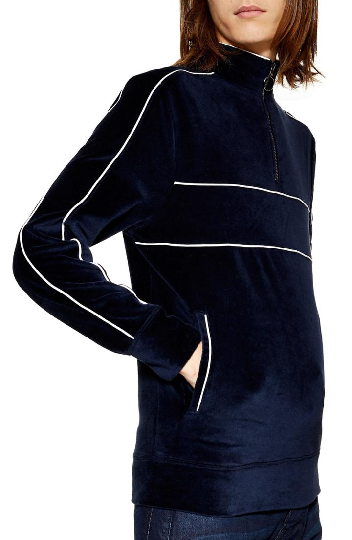 Men's Topman Classic Fit Quarter Zip Velour Pullover - Blue