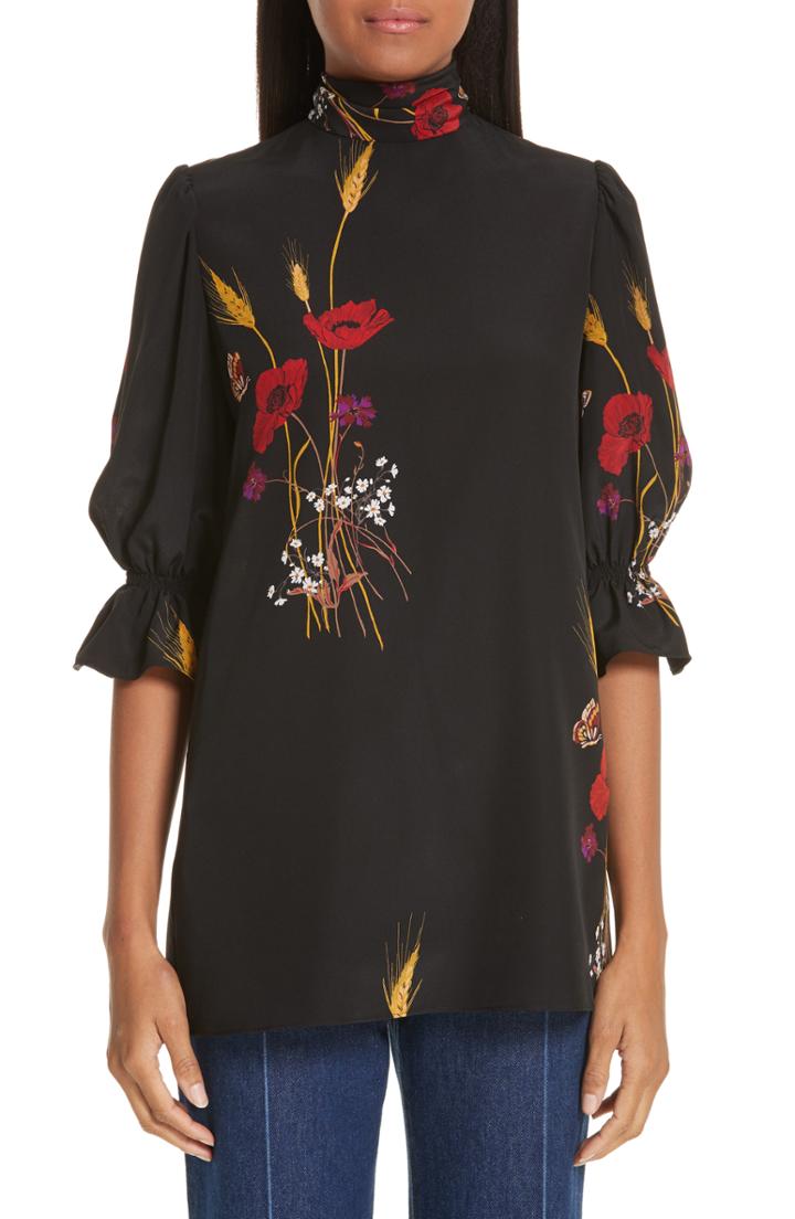 Women's Valentino Floral Meadow Print Silk Crepe De Chine Blouse - Black