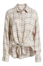 Women's Treasure & Bond Oversize Plaid Tie Front Blouse, Size - Beige