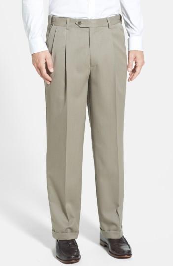 Men's Berle Self Sizer Waist Pleated Wool Gabardine Trousers X 32 - Beige