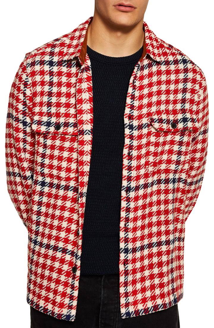 Men's Topman Classic Fit Houndstooth Overshirt - Red