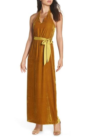 Women's Avec Les Filles Velvet Halter Maxi Dress - Yellow