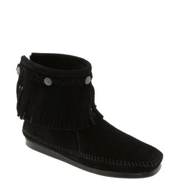 Women's Minnetonka Fringed Moccasin Bootie M - Black