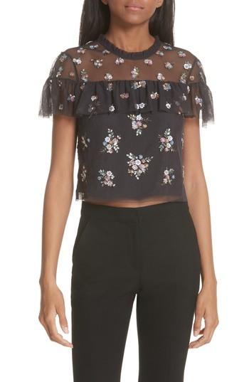 Women's Needle & Thread Floral Sequin Crop Top - Black