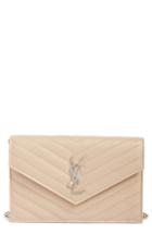 Women's Saint Laurent Quilted Calfskin Leather Wallet On A Chain - Beige