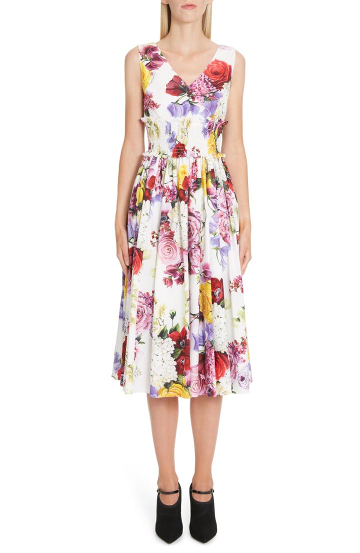 Women's Dolce & Gabbana Floral Print Smock Waist Poplin Dress Us / 38 It - White