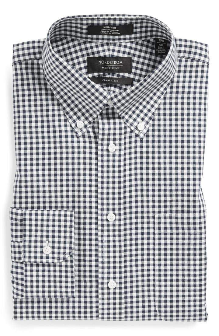 Men's Nordstrom Men's Shop Classic Fit Non-iron Gingham Dress Shirt .5 - 32 - Black (online Only)