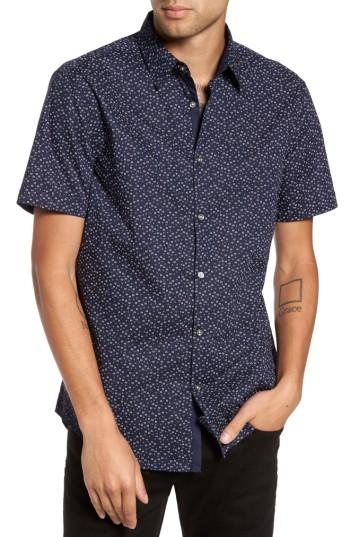 Men's John Varvatos Slim Fit Print Short Sleeve Sport Shirt, Size - Blue