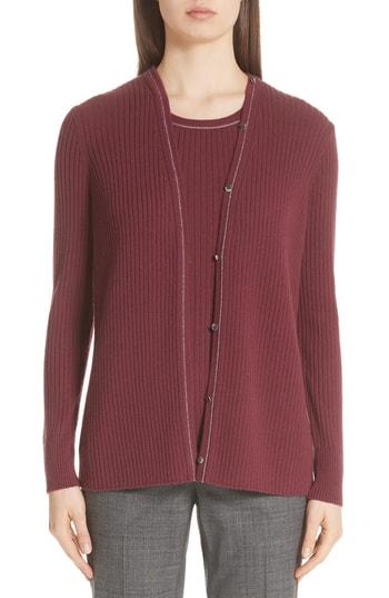 Women's Lafayette 148 New York Ribbed Cashmere Cardigan - Burgundy