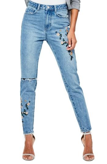 Women's Missguided Riot Ripped High Waist Embroidered Jeans Us / 8 Uk - Blue