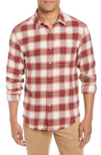 Men's Frame Plaid Fray Hem Slim Fit Cotton Workshirt - Red