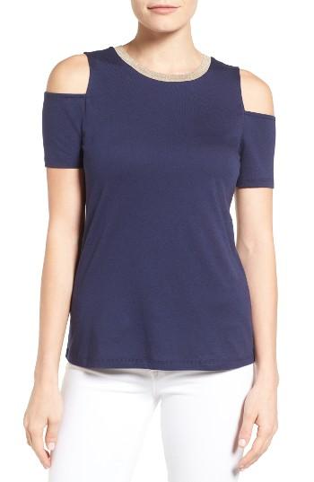 Women's Michael Michael Kors Metallic Crewneck Cold Shoulder Top - Blue