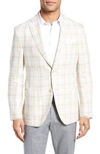 Men's Jkt New York Trent Trim Fit Plaid Linen Sport Coat R - Ivory
