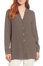 Women's Eileen Fisher Split Neck Silk Blouse - Grey