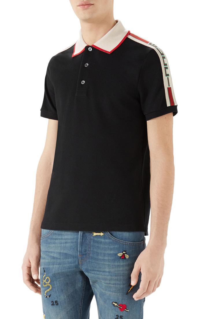 Men's Gucci Jacquard Stripe Sleeve Pique Polo, Size - Grey