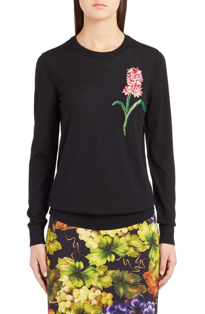 Women's Dolce & Gabbana Flower Embellished Wool Sweater Us / 40 It - Black
