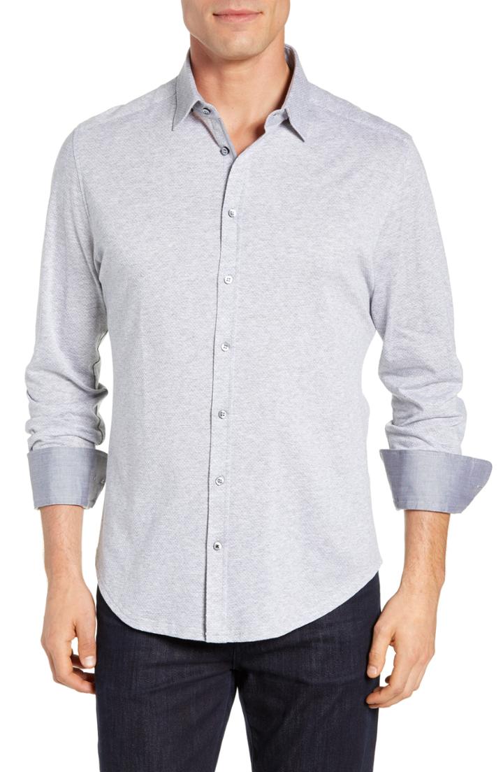 Men's Stone Rose Regular Fit Jacquard Knit Sport Shirt - Grey
