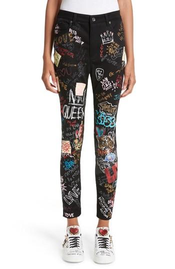 Women's Dolce & Gabbana Graffiti Queen Skinny Jeans Us / 40 It - Black
