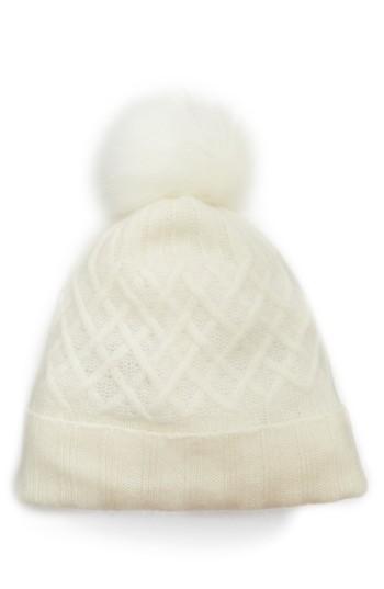 Women's Halogen Cashmere Beanie With Faux Fur Pom - Ivory