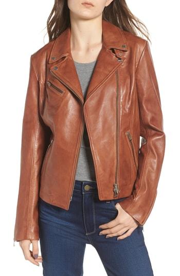 Women's Lamarque Asymmetrical Zip Leather Biker Jacket - Brown