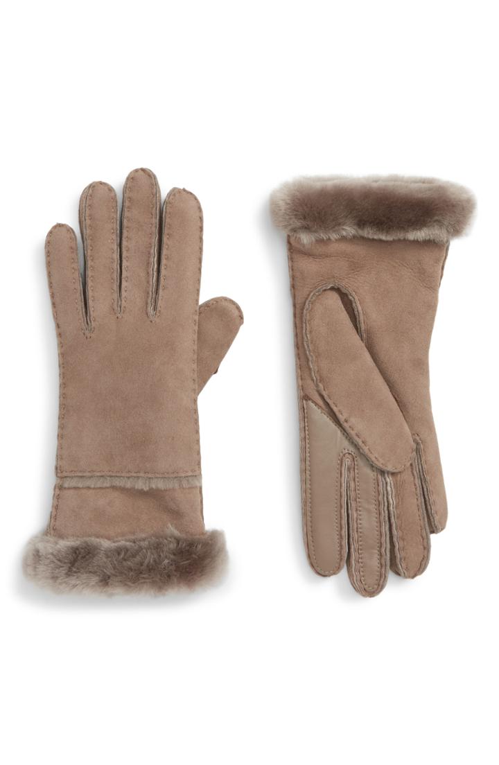 Women's Ugg Seamed Touchscreen Compatible Gloves With Genuine Shearling Trim - Black