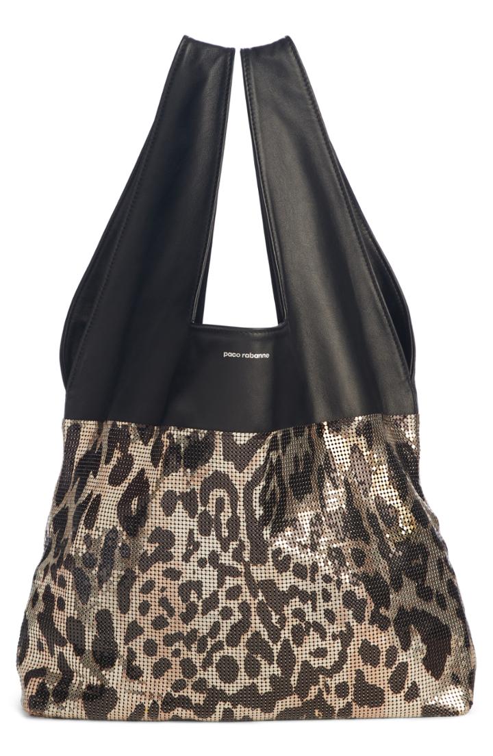 Paco Rabanne Leopard Print Mesh & Lambskin Leather Hobo - Brown