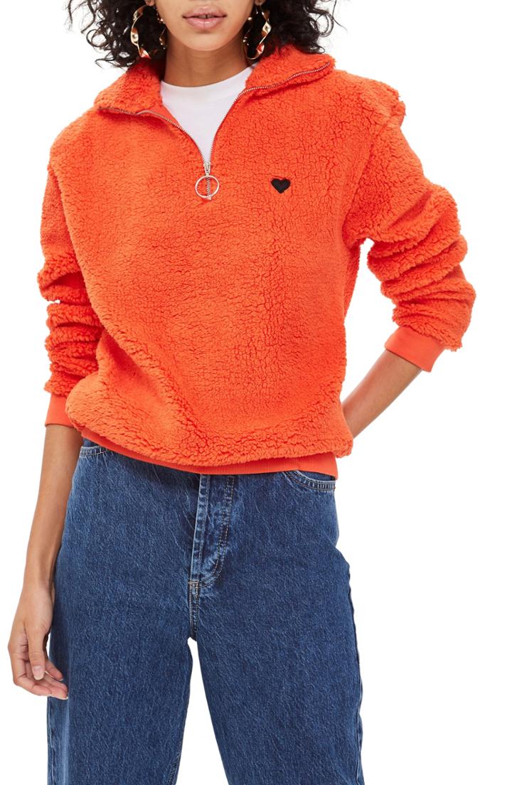 Women's Topshop Borg Heart Quarter Zip Pullover Us (fits Like 6-8) - Red