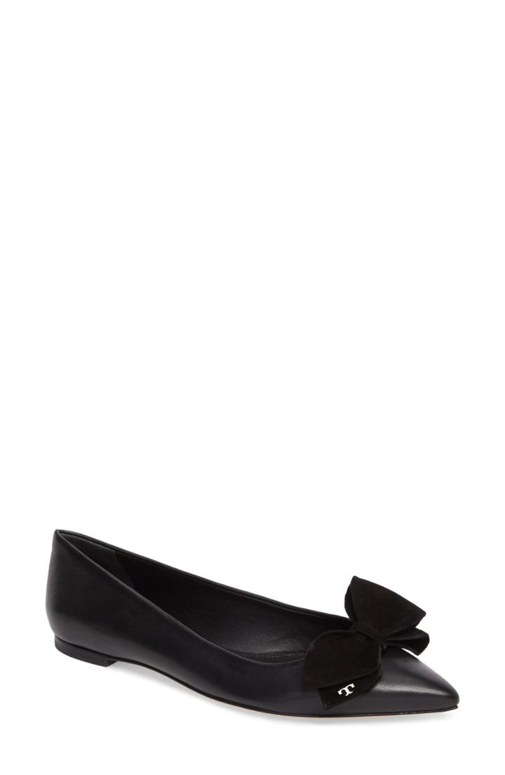 Women's Tory Burch Rosalind Bow Pointy Toe Flat .5 M - Black