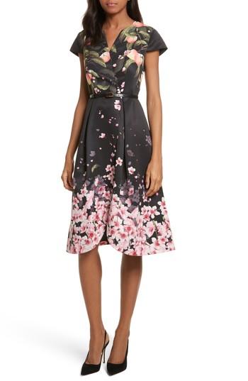 Women's Ted Baker London Peach Blossom Faux Wrap Midi Dress - Black