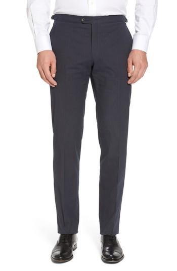 Men's H Flat Front Stripe Stretch Cotton Trousers R - Blue