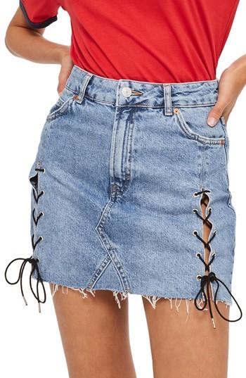 Women's Topshop Lace-up Denim Miniskirt Us (fits Like 6-8) - Blue