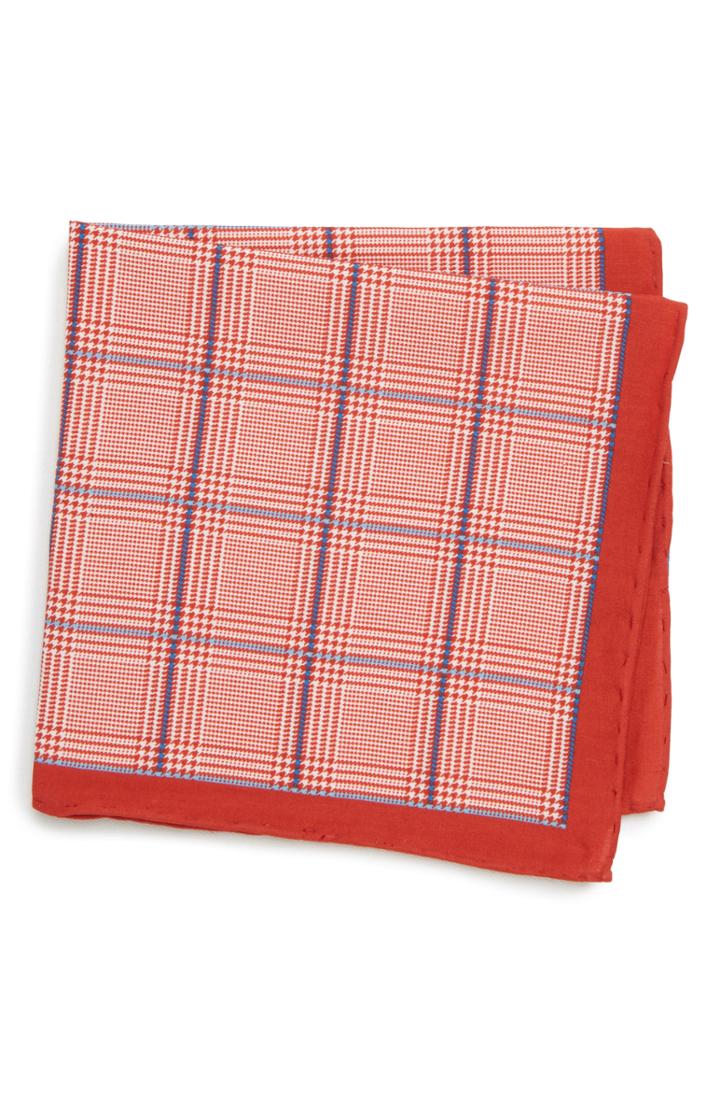 Men's Southern Tide Glen Plaid Cotton & Silk Pocket Square, Size - Red