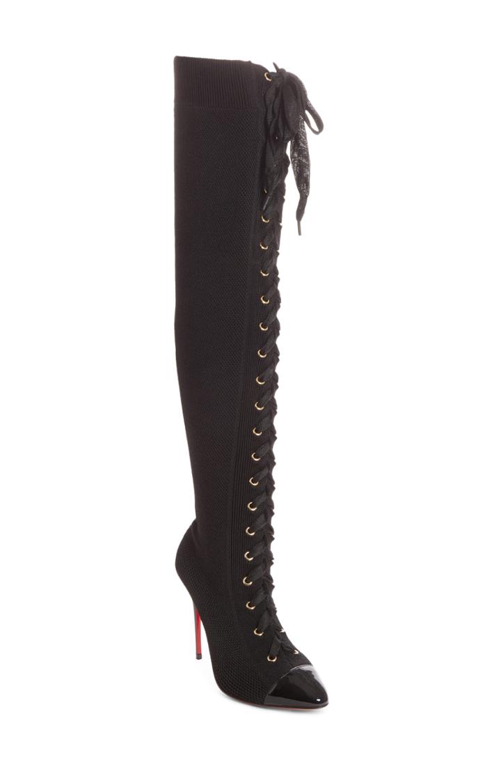 Women's Christian Louboutin Frenchie Lace-up Over The Knee Sock Boot Us / 38eu - Black