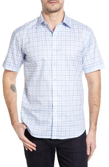 Men's Bugatchi Shaped Fit Tonal Plaid Short Sleeve Sport Shirt