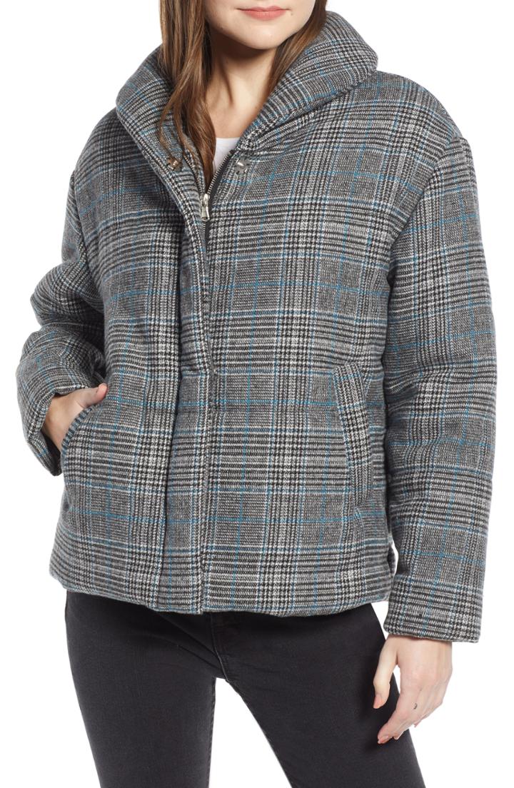 Women's Something Navy Plaid Puffer Jacket - Grey