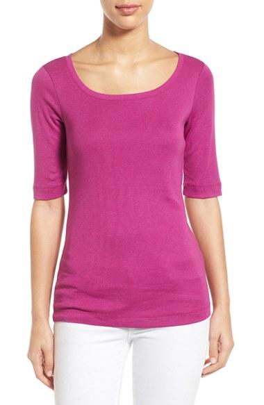 Petite Women's Caslon Ballet Neck Cotton & Modal Knit Elbow Sleeve Tee, Size P - Purple