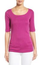 Petite Women's Caslon Ballet Neck Cotton & Modal Knit Elbow Sleeve Tee, Size P - Purple