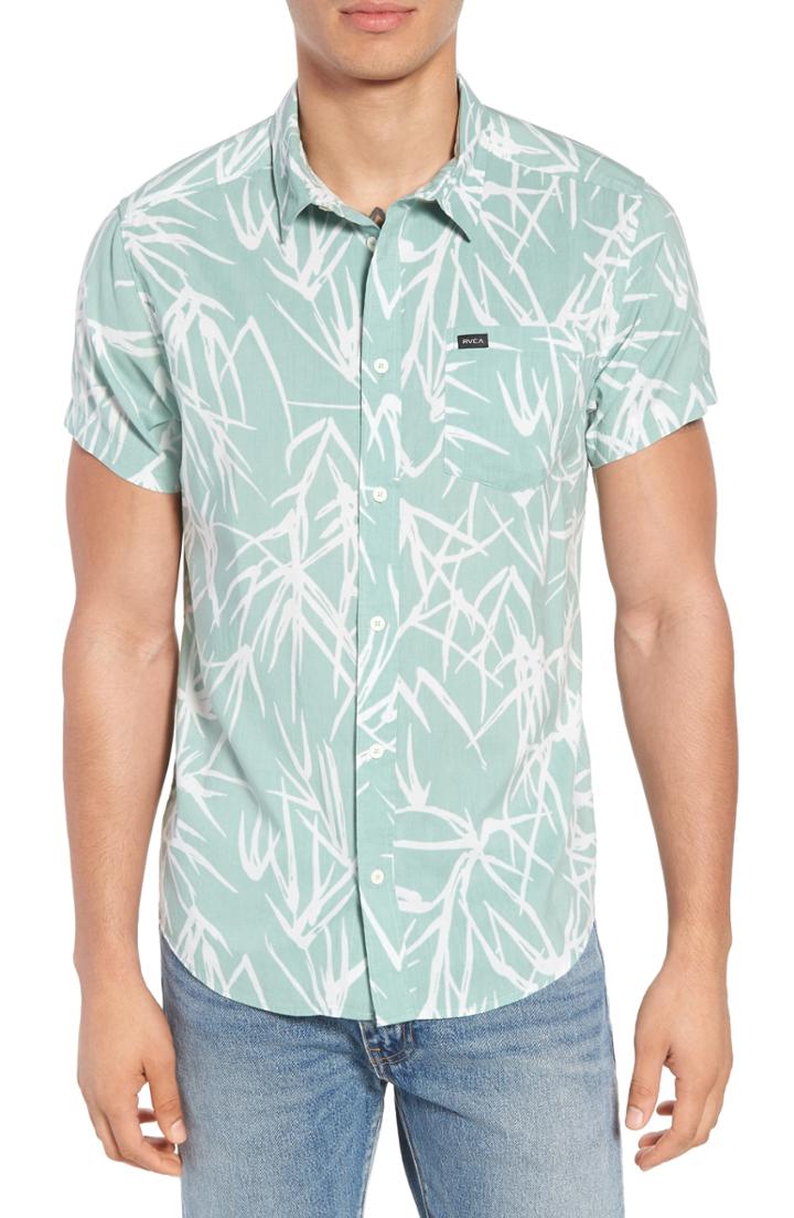 Men's Rvca Bamboo Print Woven Shirt, Size - Green