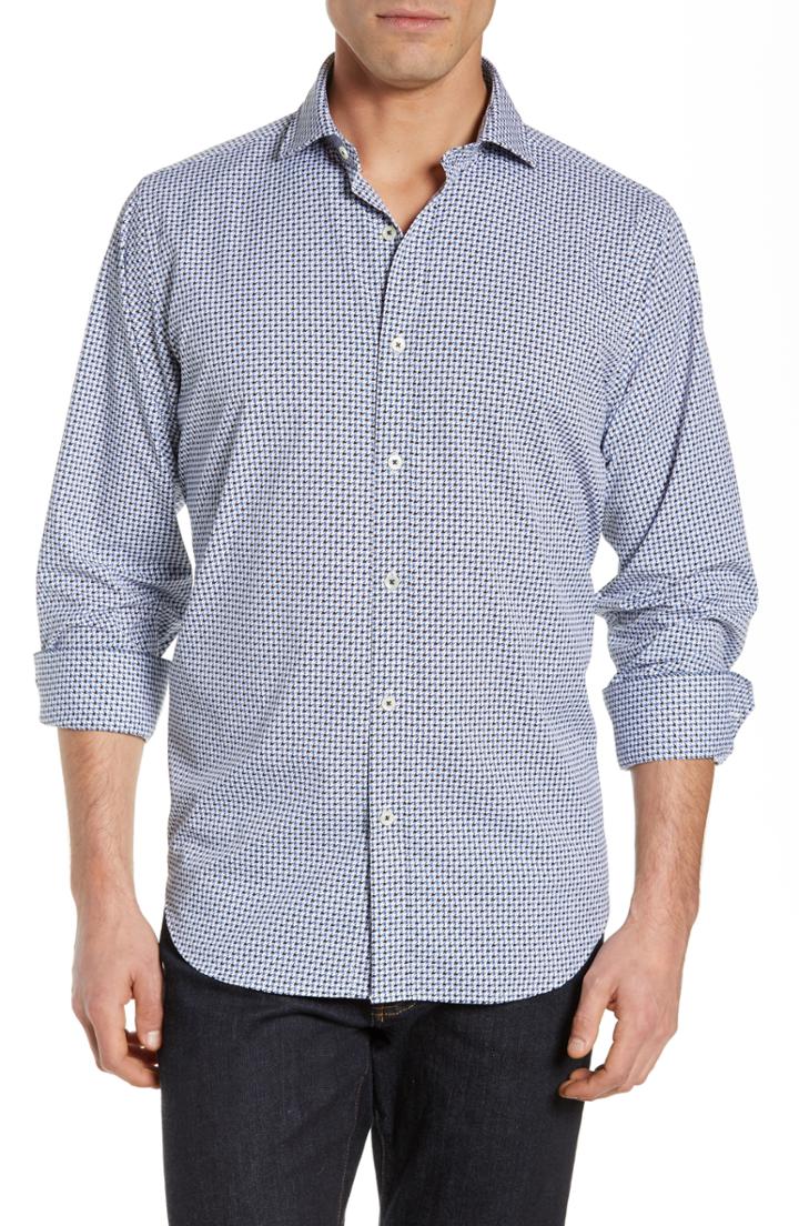 Men's Bugatchi Classic Fit Print Performance Sport Shirt, Size - Blue