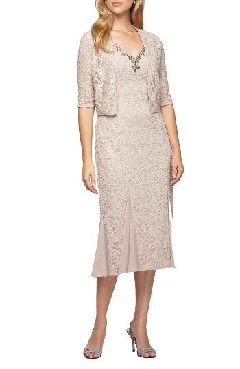 Women's Alex Evenings Lace Tea Length Dress With Bolero Jacket