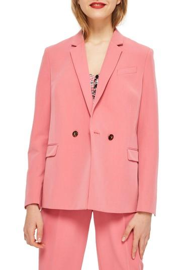 Women's Topshop Longline Double Breasted Button Suit Jacket Us (fits Like 6-8) - Pink
