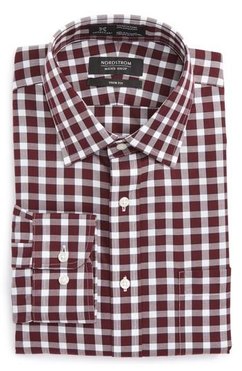 Men's Nordstrom Men's Shop Smartcare(tm) Trim Fit Check Dress Shirt 34/35 - Burgundy