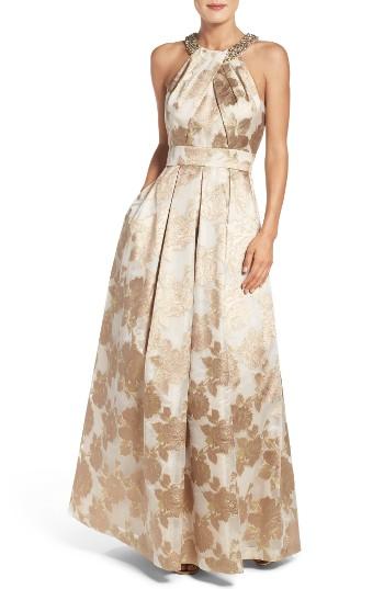 Petite Women's Eliza J Embellished Floral Jacquard Fit & Flare Gown P - Metallic