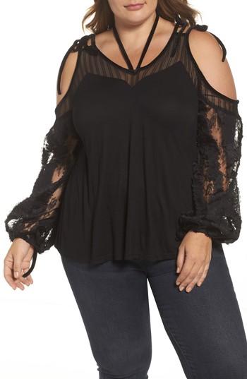 Women's Lost Ink Velvet Trim Cold Shoulder Applique Blouse
