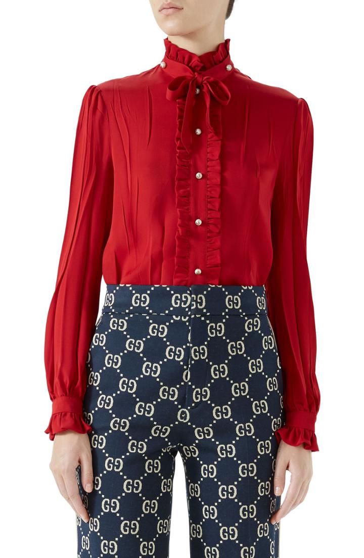 Women's Gucci Tie Neck Ruffle Detail Silk Blouse Us / 46 It - Red