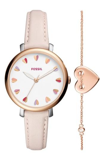 Women's Fossil Jacqueline Leather Strap Watch & Bracelet Set, 36mm